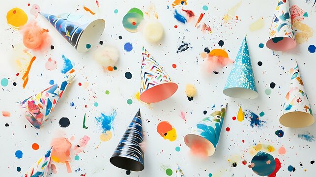 A creative mix of patterned party hats, ribbons, and colorful confetti placed on a clean white surface