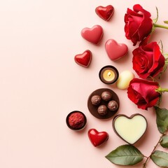 Fototapeta premium Romantic Valentine's Day arrangement with red roses, heart-shaped chocolates, and candle.