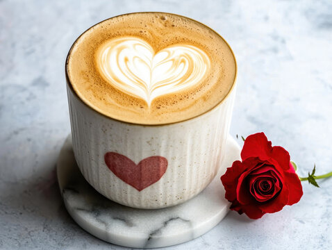 latte with heart design beside red rose on marble surface