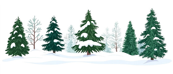 Obraz premium Snow-covered evergreen conifer trees on a white winter landscape. Picturesque nature background. Isolated elements for holiday themes, nature concepts, and seasonal exterior designs. Generative ai