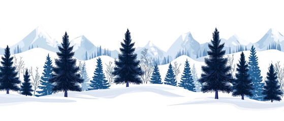 Fototapeta premium Snow-covered evergreen conifer trees on a white winter landscape. Picturesque nature background. Isolated elements for holiday themes, nature concepts, and seasonal exterior designs. Generative ai