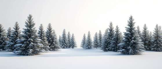 Obraz premium Set of snow-covered evergreen conifer trees on a white winter landscape.Picturesque nature background.Isolated elements for holiday themes, nature and seasonal exterior designs. Generative ai