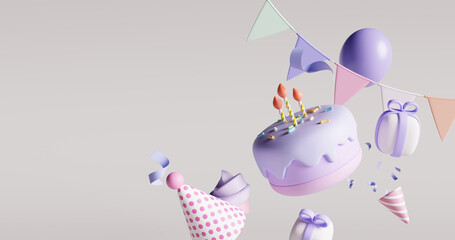 Birthday cake with candle and party popper confetti in pastel theme Concept. 3d rendering