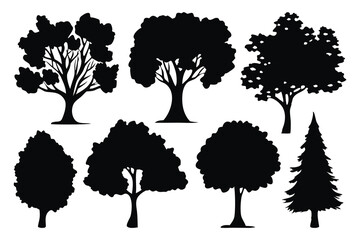  Trees silhouettes set isolated flat vector illustration on white background