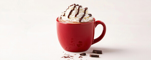 Delicious hot chocolate in red mug topped with whipped cream and chocolate