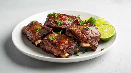 Slow-cooked ribs served on a white ceramic plate, isolated on a light grey background with decorative lime wedges