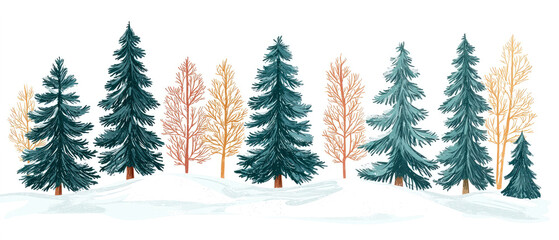 Obraz premium Set of snow-covered evergreen conifer trees on a white winter landscape. Watercolor painting effect. Isolated elements for holiday themes, nature and seasonal exterior designs. Generative ai