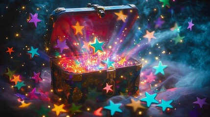 A glowing radiant treasure chest emitting vibrant beams of light and colorful stars