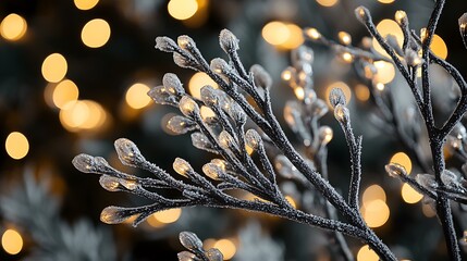 A close-up of frost-covered branches with glowing bokeh lights in the background