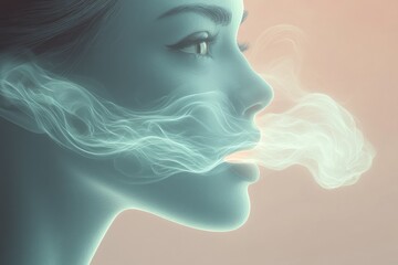 Cartoon-style human face with visible odor waves coming from the mouth, set on a pastel-colored background