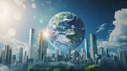 Obraz premium A futuristic city gleams under the gentle sunlight, with lush greenery and skyscrapers reflecting a vibrant blue planet above. Nature and technology unite seamlessly in this vision