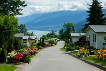 Charming mobile home park with manicured front yards in a serene town setting-