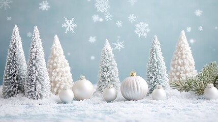 Peaceful snowflake Christmas scene with icy trees and a frosted sky, featuring clear copy space for text on the right