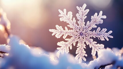 Snowflake winter wallpaper with a bright frosty background of snow-covered branches and copy space to place holiday greetings