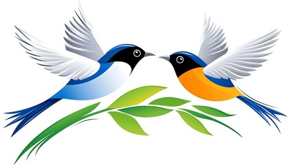 Naklejka premium Two Birds in Flight with Green Leaves