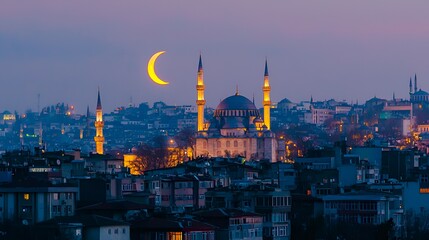 Naklejka premium Illuminated Mosque at Dusk: A Serene Istanbul Nightscape