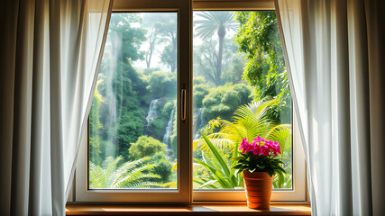 A sunlit window framed by flowing white curtains, showcasing a serene garden view with a vibrant flower pot on the ledge
