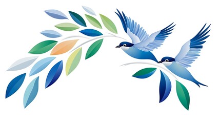 Two Blue Birds in Flight with Colorful Leaves