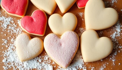 Heart-shaped cookies, sprinkled with sugar, on a wooden surface. Food photography for baking blog or website