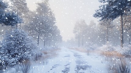Soft snowfall with a peaceful icy winter scene and snowflakes in the air with clear space for seasonal messages