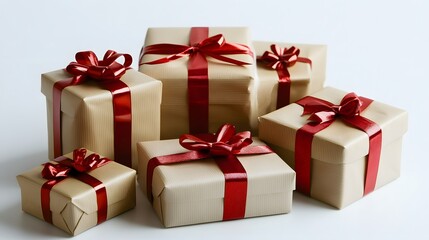 Obraz premium Beige Gift Boxes Tied With Red Ribbons