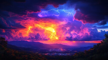 Fototapeta premium Vibrant sunset with lightning storm over city and mountains.