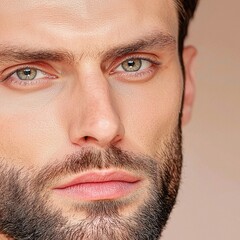 Obraz premium Confident man with beard and clear skin portrait urban setting bright lighting close-up self-expression