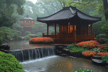 Tranquil Rain Garden Scene With Chinese Pavilions