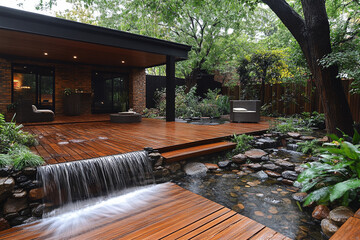 Serene Backyard Oasis Featuring Wooden Deck And Waterfall