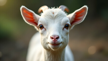 Obraz premium A Close-Up Portrait of the Adorable Head of a Small Goat, Showcasing Its Soft Fur, Expressive Eyes, and Innocent Expression