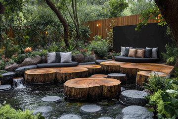 Serene Garden Oasis Featuring Wooden Seating and Water Feature