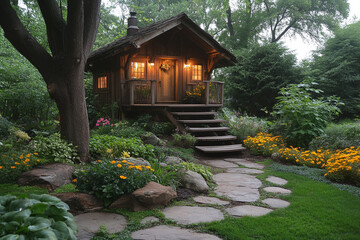 Charming Wooden Cabin Nestled In A Lush Garden Setting