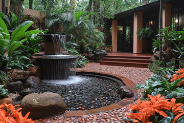 Tranquil Garden Waterfall Feature Amid Lush Tropical Foliage
