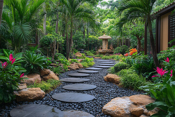 Serene Garden Path Stone Steps Tropical Landscaping