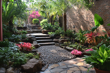 Serene Garden Path Stone Steps Lush Tropical Plants
