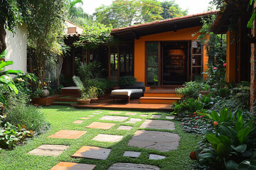 Lush Tropical Garden with Orange House and Stone Path