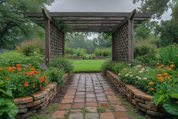 Wooden Pergola Pathway Through A Vibrant Garden