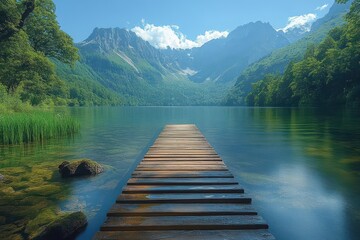 Obraz premium inviting wooden path leading to a serene calm lake framed by majestic mountains capturing the stillness of nature and the beauty of an untouched landscape creating a sense of peace