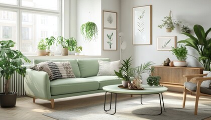Fototapeta premium Modern Green Living Room Interior Design with Plants