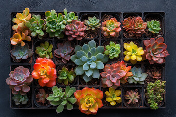 Colorful Succulents Arranged In A Black Tray