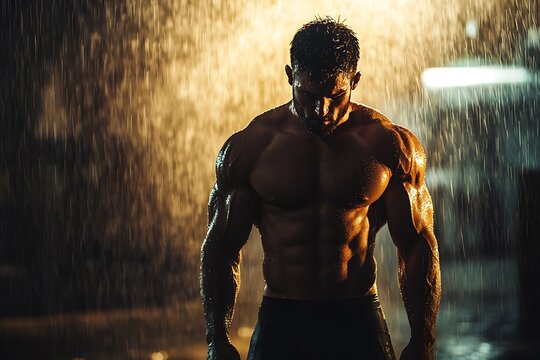 Very muscular man posing under heavy rain at night