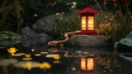 Serpentine Reflection Near Glowing Japanese Lantern