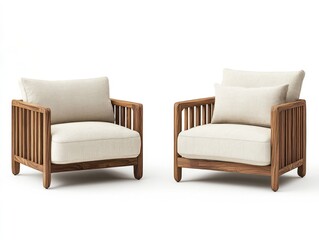 Two wooden armchairs, beige cushions, studio shot, white background, furniture catalog
