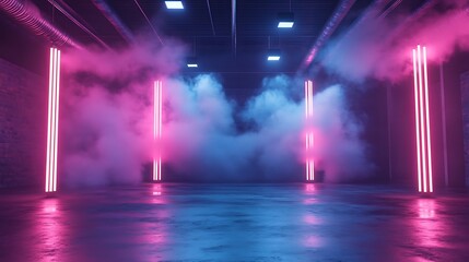 Neon Lights Illuminate Smoky Industrial Space