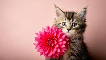Cute kitten holding a pink dahlia, bright colors, neutral background