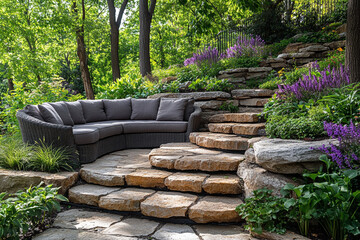 Secluded Stone Patio With Curved Sofa And Lush Greenery