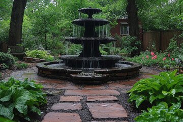 Tranquil Garden Fountain Under Rain