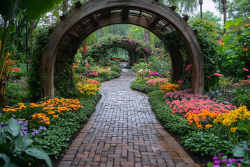 Colorful Garden Path Under Wooden Arbors