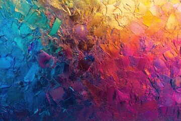 Vibrant impasto painting with blue, teal, pink, orange, and yellow hues.