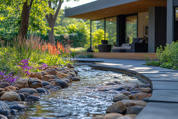Serene Stream Flows Beside Modern Home Landscaping